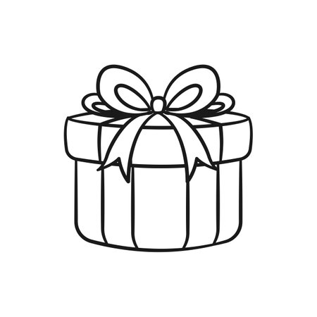 Round gift box with bow cartoon. Christmas or birthday present illustration outline. Coloring book page printable activity worksheet for kids.のイラスト素材