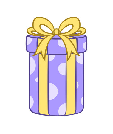Round gift box with polka dots and bow cartoon. Christmas or birthday present illustration.のイラスト素材