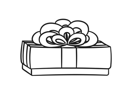 Gift box with bow cartoon. Christmas or birthday present illustration outline. Coloring book page printable activity worksheet for kids.のイラスト素材