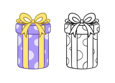 Round gift box with polka dots and bow cartoon clipart. Christmas or birthday present illustration. Colored and outline set. Coloring book page printable activity worksheet for kids.のイラスト素材