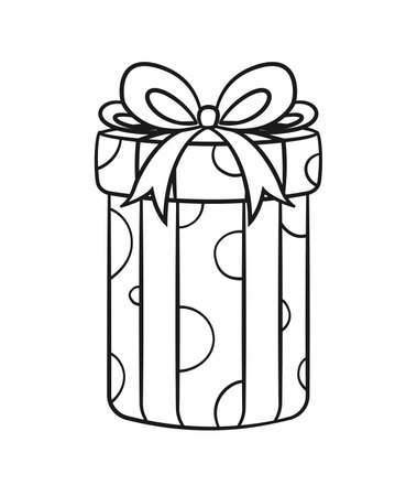 Round gift box with polka dots and bow cartoon. Christmas or birthday present illustration outline. Coloring book page printable activity worksheet for kids.のイラスト素材