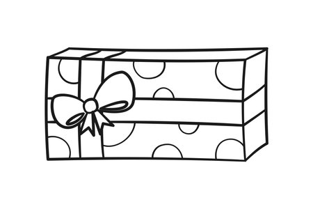 Gift box with polka dots and bow cartoon. Christmas or birthday present illustration outline. Coloring book page printable activity worksheet for kids.のイラスト素材