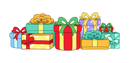 Colorful festive gifts, boxes and presents cartoon illustration. Christmas or birthday gifts with bows.のイラスト素材