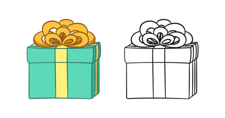 Gift box with bow cartoon clipart. Christmas or birthday present illustration. Colored and outline set. Coloring book page printable activity worksheet for kids.のイラスト素材