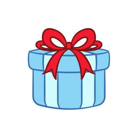 Round gift box with bow cartoon. Christmas or birthday present illustration.のイラスト素材