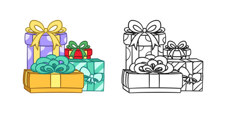 Gift boxes with bow cartoon. Colored and outline set. Christmas or birthday present illustration. Coloring book page activity worksheet for kids.のイラスト素材