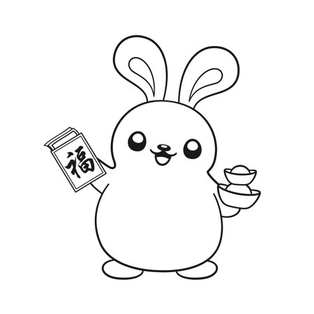 Cute rabbit holding a red envelope with the Chinese character meaning "good fortune" outline illustration. Chinese Zodiac Animal, Year of the Rabbit 2023, New year and Mid Autumn Moon festivalのイラスト素材