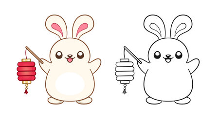 Cute rabbit holding a Chinese lantern outline cartoon illustration. Chinese Zodiac Animal, Year of the Rabbit 2023, New year and Mid Autumn Moon festival coloring book page worksheet for kids.のイラスト素材