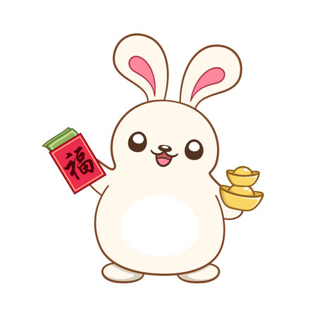 Cute rabbit holding a red envelope with the Chinese character meaning "good fortune" illustration. Chinese Zodiac Animal, Year of the Rabbit 2023, New year and Mid Autumn Moon festival clip artのイラスト素材