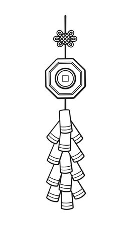 Chinese new year firecrackers outline line art vector illustration. Celebration traditional fireworks hanging crackers.のイラスト素材
