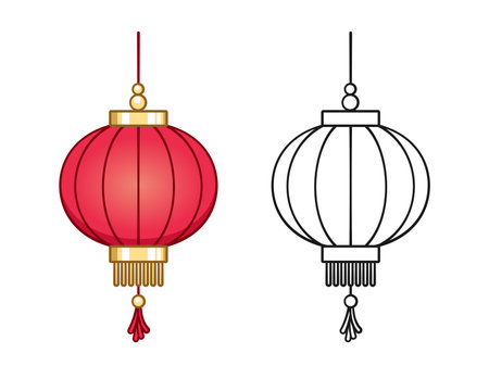 Chinese festival hanging lantern cartoon outline and colored set vector illustration. Traditional New year Asian red lamp. Coloring book page activity worksheet for kids.のイラスト素材