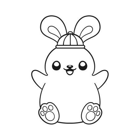 Cute rabbit wearing a Chinese hat outline illustration. Zodiac Animal, Year of the Rabbit 2023, New year and Mid Autumn Moon festival coloring book page worksheet for kids.のイラスト素材