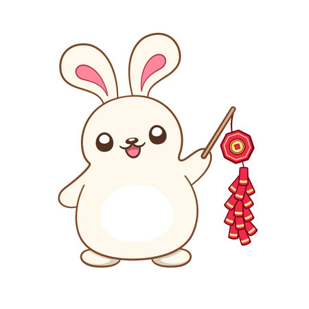 Cute rabbit holding a Chinese firecrackers cartoon illustration. Chinese Zodiac Animal, Year of the Rabbit 2023, New year and Mid Autumn Moon festival clip art.のイラスト素材
