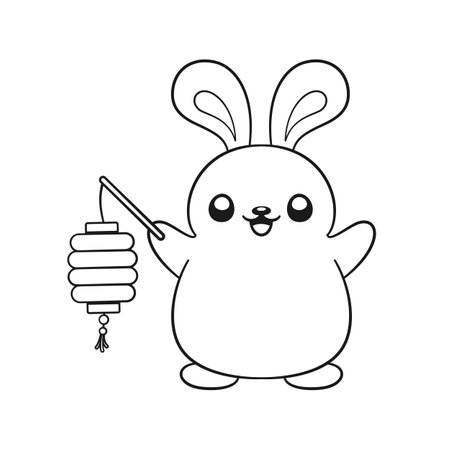 Cute rabbit holding a Chinese lantern outline cartoon illustration. Chinese Zodiac Animal, Year of the Rabbit 2023, New year and Mid Autumn Moon festival coloring book page worksheet for kids.のイラスト素材