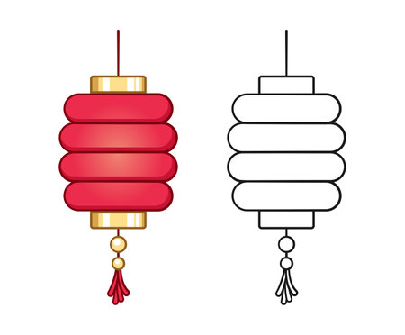 Chinese festival hanging lantern cartoon outline and colored set vector illustration. Traditional New year Asian red lamp. Coloring book page activity worksheet for kids.のイラスト素材