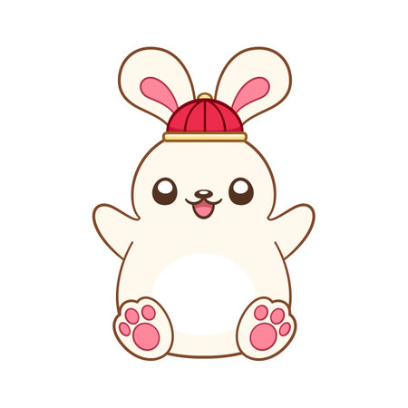 Cute rabbit wearing a Chinese hat cartoon illustration. Zodiac Animal, Year of the Rabbit 2023, New year and Mid Autumn Moon festival coloring book page worksheet for kids.のイラスト素材