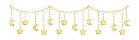Moon and stars lights dangling bunting garland doodle illustrationのイラスト素材