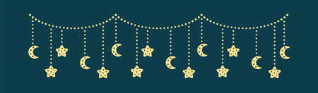 Moon and stars lights dangling bunting garland illustrationのイラスト素材