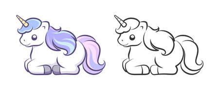 Cute happy unicorn sitting lying down resting vector outline illustration. Easy coloring book page for kids.のイラスト素材