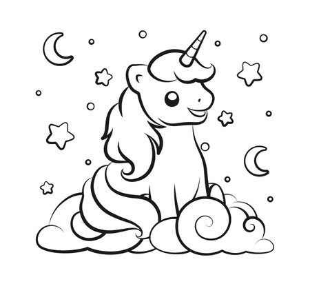 Cute happy unicorn sitting in the clouds looking up at the night sky outline illustration. Easy coloring book page for kids.のイラスト素材