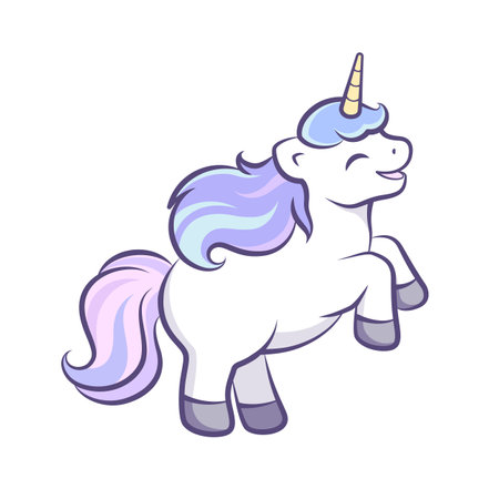 Cute happy unicorn vector illustration. Mythical creature cartoon design print for kids.のイラスト素材