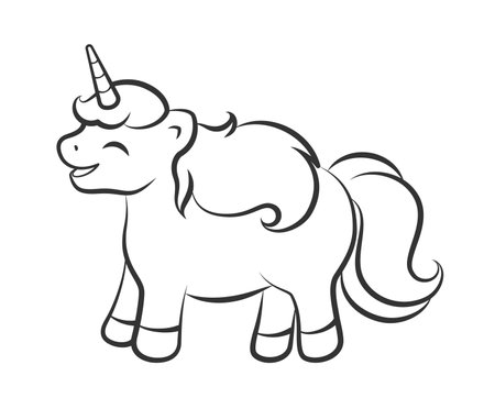 Happy laughing unicorn outline illustration. Easy coloring book page for kids.のイラスト素材