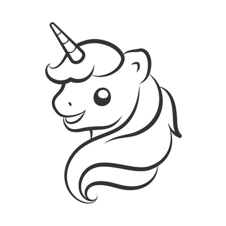 Cute happy unicorn head vector outline illustration. Easy coloring book page for kids.のイラスト素材