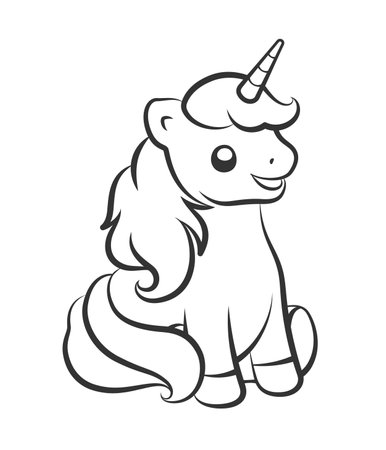 Cute happy unicorn sitting down vector outline illustration. Easy coloring book page for kids.のイラスト素材