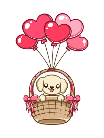 Puppy on floating basket with heart balloons cartoon illustration.のイラスト素材