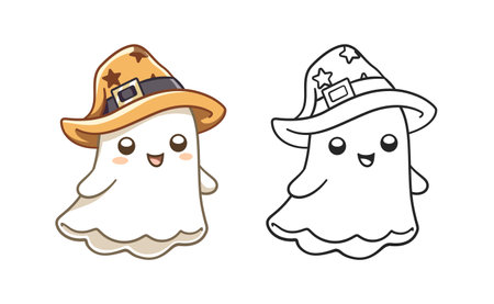 Cute happy ghost wearing witch hat colored and outline doodle cartoon illustration set. Halloween, trick or treat coloring book page activity for kids and adults.のイラスト素材
