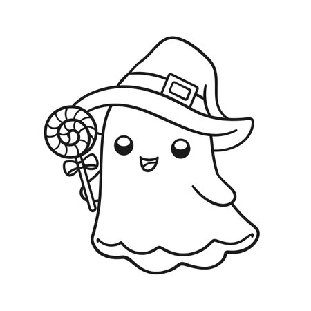 Cute ghost wearing witch hat holding candy outline doodle cartoon illustration. Halloween, trick or treat coloring book page activity for kids and adults.のイラスト素材