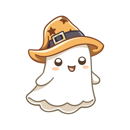 Cute ghost wearing witch hat costume vector illustration clipart. Halloween trick or treat party card invitation print, shirt or product print, sticker designのイラスト素材