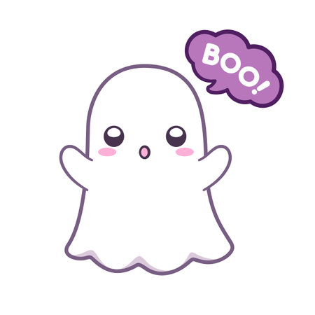 Cute ghost saying BOO! Halloween ghost clipart cartoon element vector illustration. Halloween party card invitation print, shirt or product print, sticker designのイラスト素材