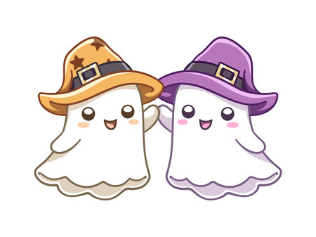 Cute ghosts wearing witch hats doodle cartoon illustration. Halloween trick or treat party card invitation print, shirt or product print, sticker designのイラスト素材