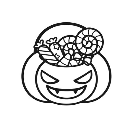 Scary Halloween trick or treat pumpkin basket full of candy outline doodle cartoon illustration. Halloween coloring book page activity for kids and adults.のイラスト素材
