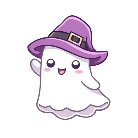 Happy kawaii ghost waving wearing a witch costume. Halloween costume party card invitation print, shirt or product print, sticker designのイラスト素材
