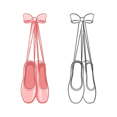 Hanging pink Pointe shoes clipart, ballet shoes tied up with a bow simple flat vector illustration. Ballerina, ballet dancer footwear equipment sign symbol.のイラスト素材