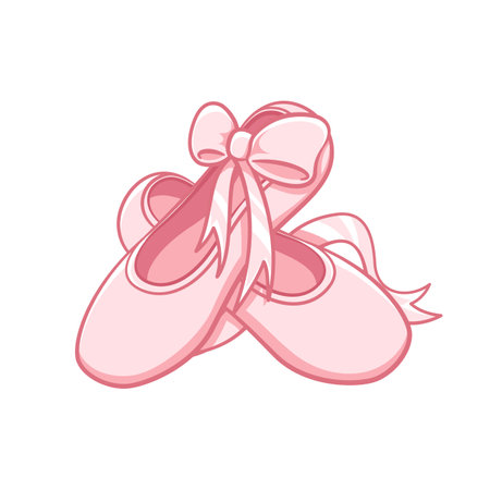 Pastel pink pair of Pointe shoes with ribbon clipart, ballet shoes simple flat vector illustration. Ballerina, ballet dancer footwear equipment sign symbol.のイラスト素材