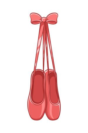 Hanging pair of red pointe shoes with bow clipart, ballet shoes simple flat vector illustration. Ballerina, ballet dancer footwear equipment sign symbol.のイラスト素材