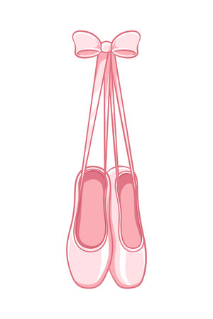 Hanging pair of pastel pink Pointe shoes clipart, ballet shoes simple flat vector illustration. Ballerina, ballet dancer footwear equipment sign symbol.のイラスト素材