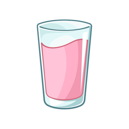 Tall glass of strawberry milk clipart element. Cute simple flat vector illustration design. Strawberry flavor cream yogurt dairy drink print, sign, symbol.のイラスト素材