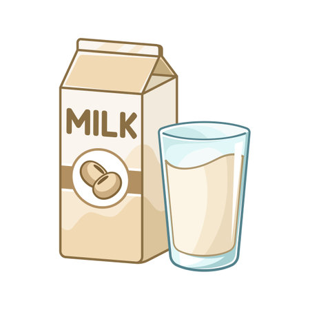 Tall glass of soy milk and milk carton box clipart. Cute simple flat vector illustration design. Soya bean flavor yogurt dairy drink print, sticker, infographic element etc.のイラスト素材
