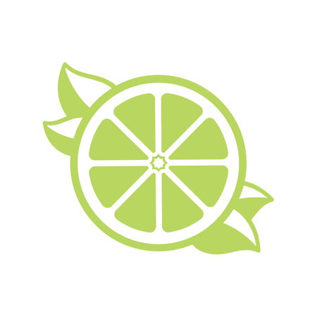Green lemon lime citrus fruit slice with leaves silhouette. Simple flat icon logo clip art vector designのイラスト素材