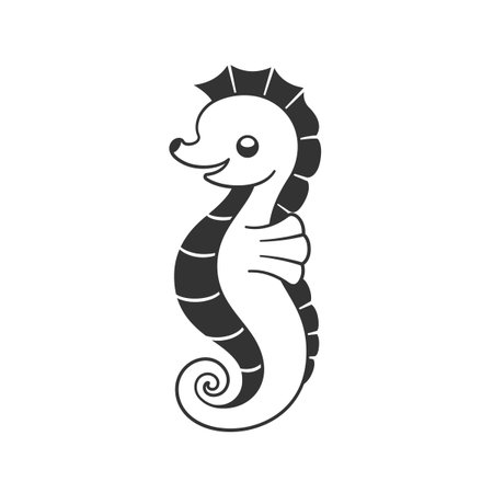 Cute happy seahorse cartoon character. Black and white clip art vector illustration of ocean sea creatures and underwater animals for kids.のイラスト素材