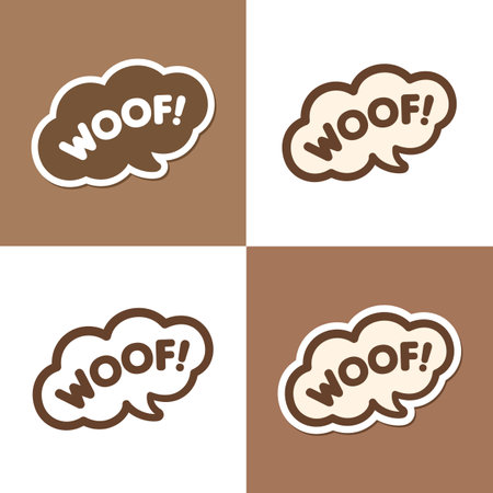 Woof! text in a speech bubble balloon design set. Cartoon comics dog bark sound effect and lettering. Simple flat vector illustration on white or brown background.のイラスト素材