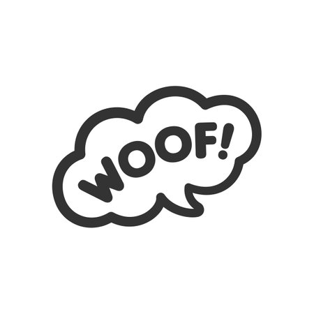 Woof! text in a speech bubble balloon. Cartoon comics dog bark sound effect and lettering. Simple black and white outline flat vector illustration design on white background.のイラスト素材