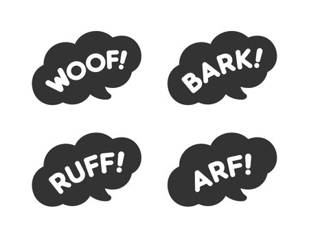 Cartoon comics dog bark sound effect and lettering set. White text in a dark black speech bubble balloon clip art. Simple flat vector illustration silhouette on white background.のイラスト素材