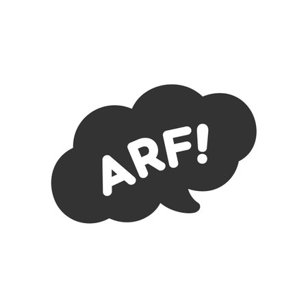 Arf! white text in a dark black speech bubble balloon. Cartoon comics dog bark sound effect and lettering. Simple flat vector illustration silhouette on white background.のイラスト素材