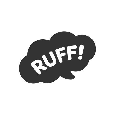 Ruff! white text in a dark black speech bubble balloon. Cartoon comics dog bark sound effect and lettering. Simple flat vector illustration silhouette on white background.のイラスト素材
