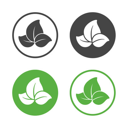 Three leaves in a circle vector sign set. Colored, silhouette and outline clip art design. Icon, business or company logo, symbol for nature, health, vegetarian, eco friendly organic products etc.のイラスト素材
